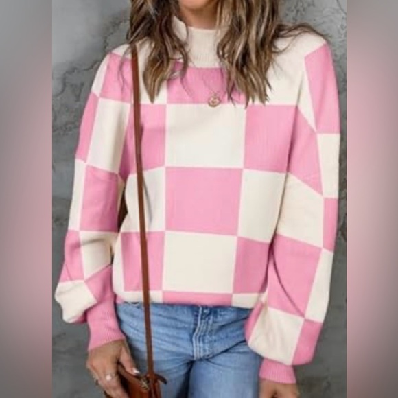 Zesica Pink & Cream Checker Pattern Long Sleeve crew Neck Sweater Size Medium - Picture 3 of 9
